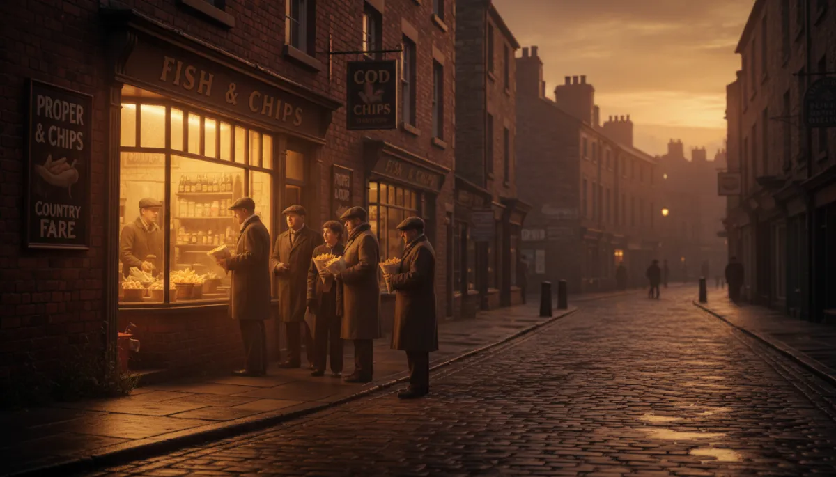 photorealistic vintage warm-toned scene of a classic British fish and chip shop on a cobbled Black Country street at dusk, golden light glowing from the shop window, customers queuing outside in flat caps and coats, enamel signs and newspaper-wrapped fish and chips in hands