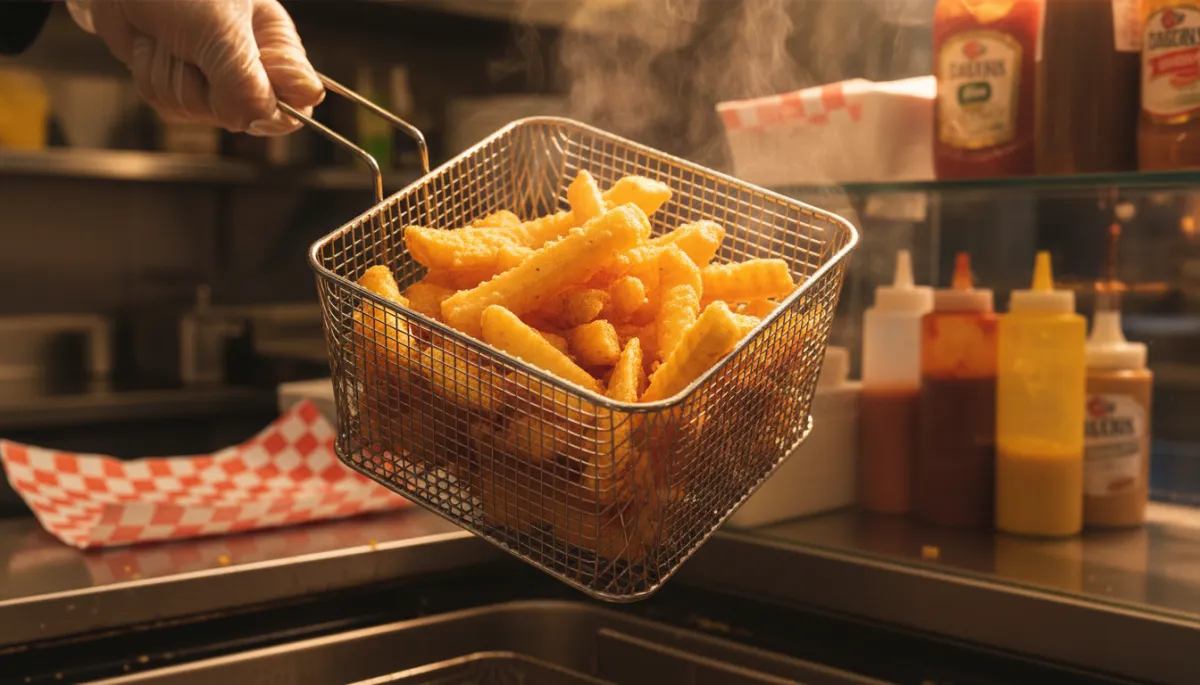 photorealistic close-up of golden crispy battered chips being lifted from a traditional stainless steel fryer basket, warm lighting, gentle steam rising, background hint of a classic British fish and chip shop counter