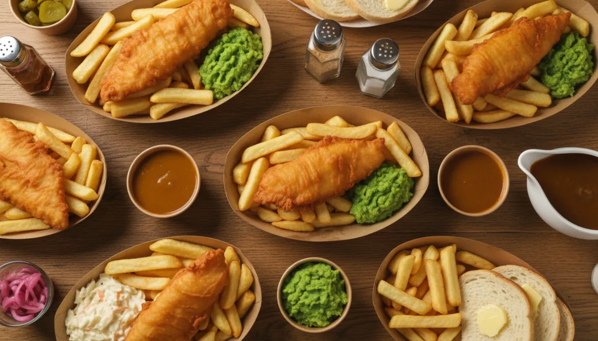 Warm photorealistic overhead shot of a wooden table filled with golden battered fish, chunky chips, mushy peas, curry sauce, gravy boat, pickled onions, coleslaw and sliced bread and butter, served in traditional chip trays with salt and vinegar shakers and a casual Black Country takeaway vibe