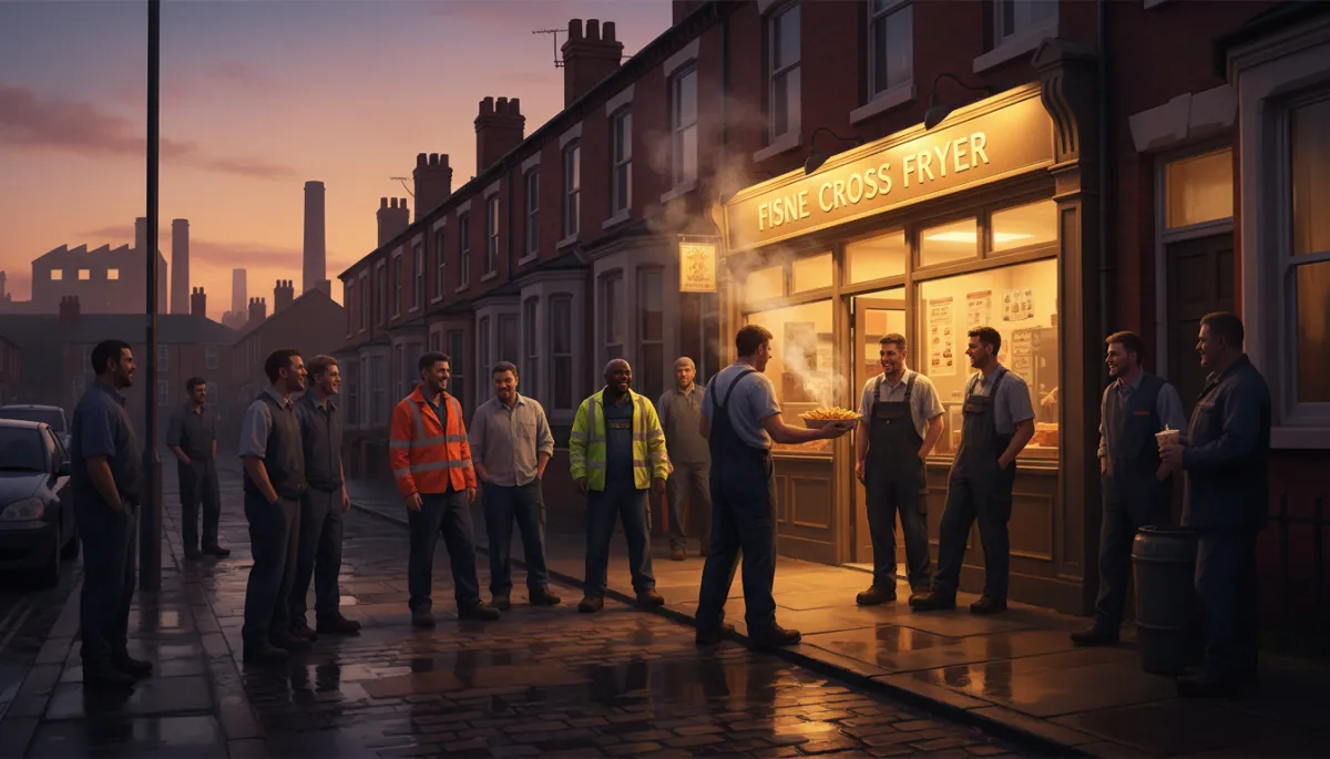 photorealistic warm-toned evening street scene in Stone Cross, West Bromwich, with a traditional fish and chip shop glowing with golden light, locals in work clothes chatting outside, terraced houses and factory chimneys in the background, subtle steam rising from freshly fried fish and chips