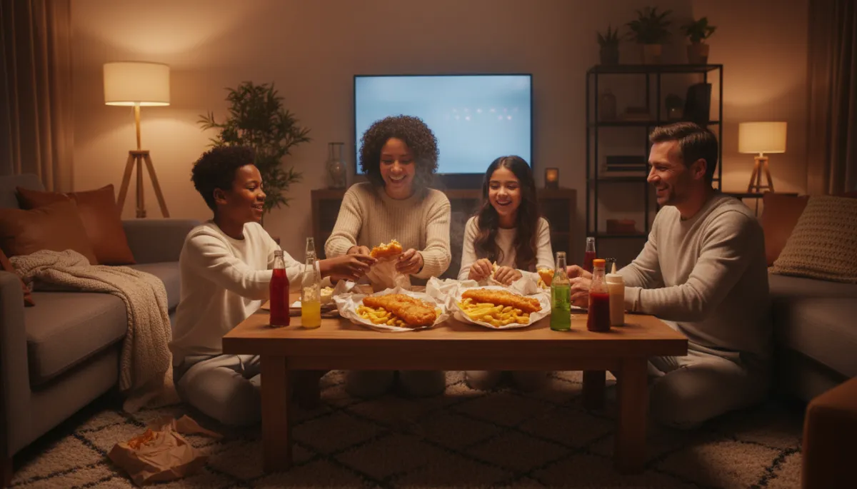 Warm photorealistic scene of a family gathered around a cosy living room coffee table on a Friday night, unwrapping steaming fish and chips from paper, soft lamplight, TV glow in background, bottles of pop and sauces on the table, relaxed homely atmosphere