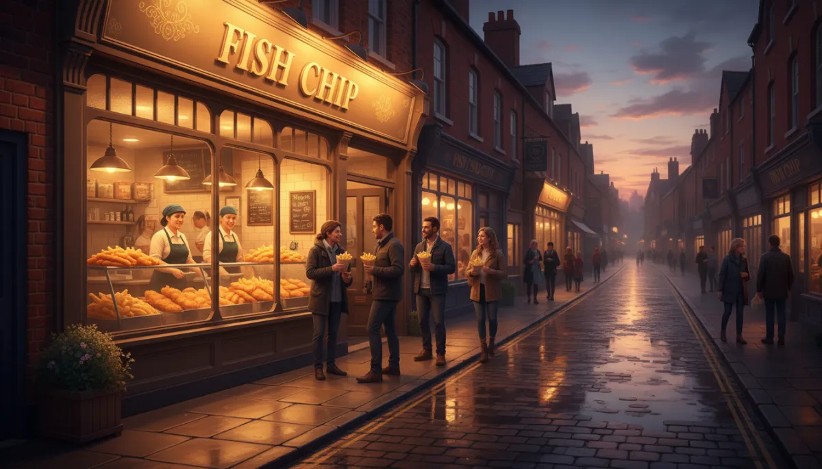 Warm evening scene of a traditional British fish and chip shop on a Stone Cross high street, glowing signage, people chatting outside with steaming chip cones, friendly staff visible behind the counter, cosy interior lighting, photorealistic style