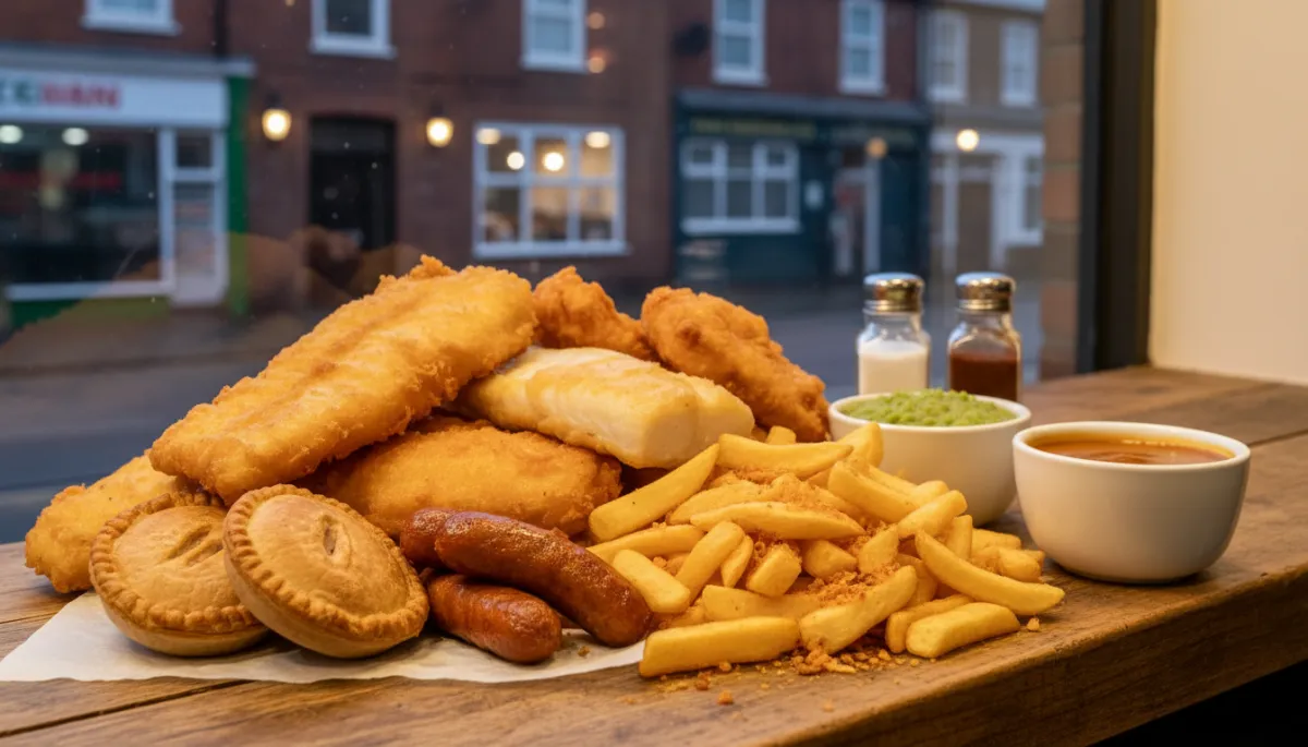 Warm photorealistic spread of classic British chip shop favourites on a wooden counter, including battered cod, haddock, sausages, pies, battered chips, mushy peas and curry sauce in pots, with salt and vinegar shakers and a subtle view of a cosy West Bromwich high street through the window