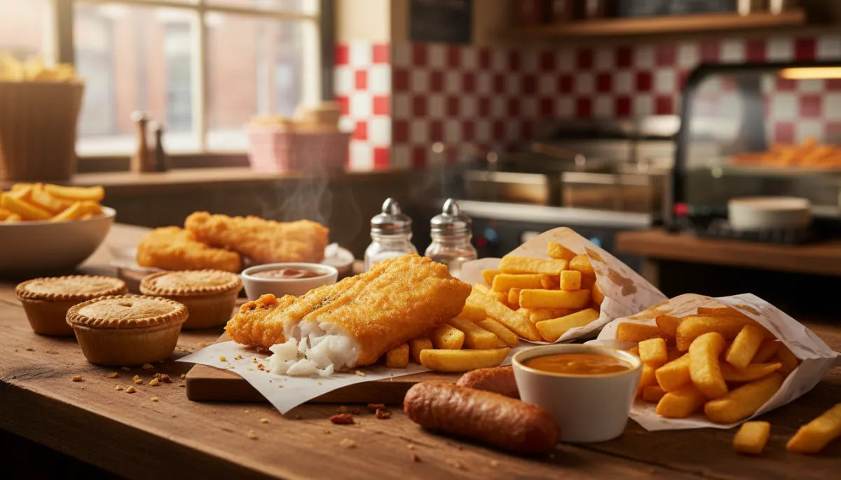 Warm photorealistic spread of classic British chip shop favourites on a wooden counter – battered cod and chips, battered chips in paper, sausages, pies, pots of curry sauce and gravy, with salt and vinegar shakers and a cosy takeaway setting in the background