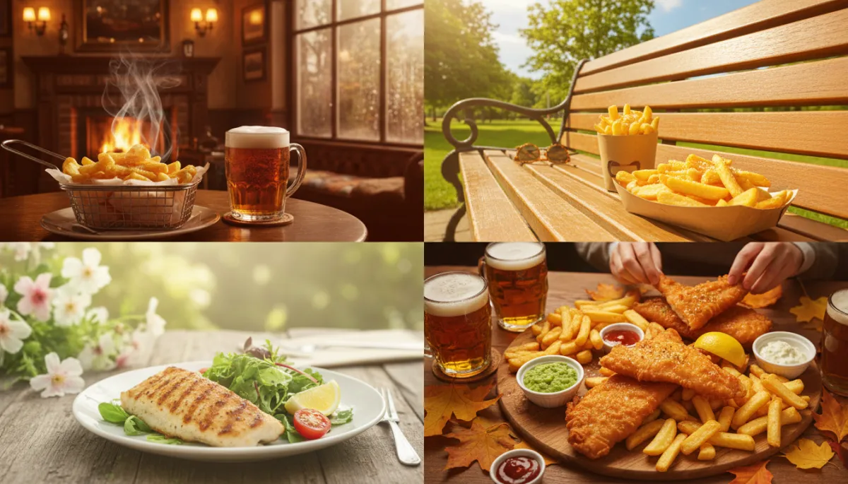 photorealistic warm-toned collage-style scene showing classic fish and chips served four ways for each season—steaming fish and chips in a cosy winter pub-style setting, fish and chips in cardboard tray on a sunny summer bench, lighter portion with salad for spring, and sharing platter on a wooden table for an autumn bank holiday get-together