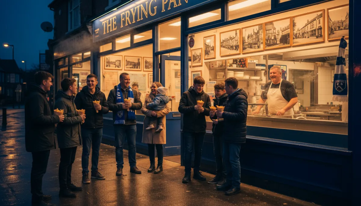 photorealistic evening street scene of a cosy local chip shop in Stone Cross, West Bromwich, warm golden lighting spilling onto the pavement, diverse neighbours chatting outside with wrapped fish and chips, friendly owner smiling behind the counter visible through large front window, subtle Black Country details like local football scarf and framed historic photos on the wall