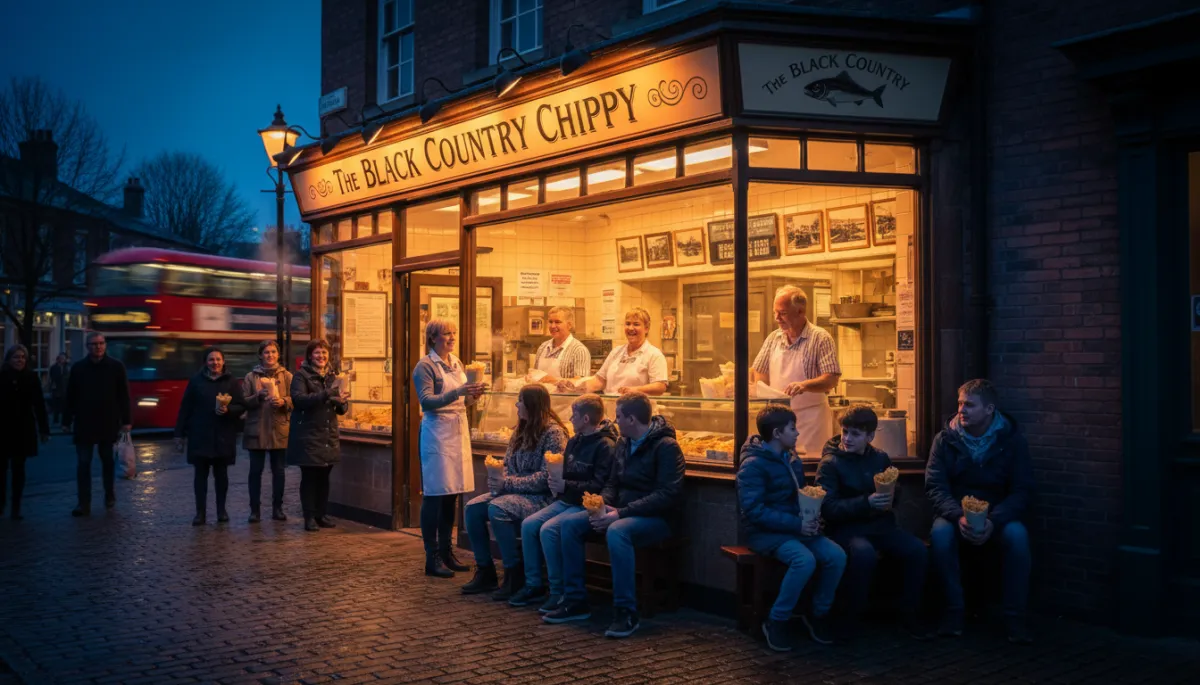 photorealistic evening street scene of a warm, welcoming traditional fish and chip shop in the West Midlands, glowing shopfront, friendly staff behind the counter, customers from different ages waiting with paper-wrapped chips, cosy amber lighting, subtle signage showing The Black Country Chippy