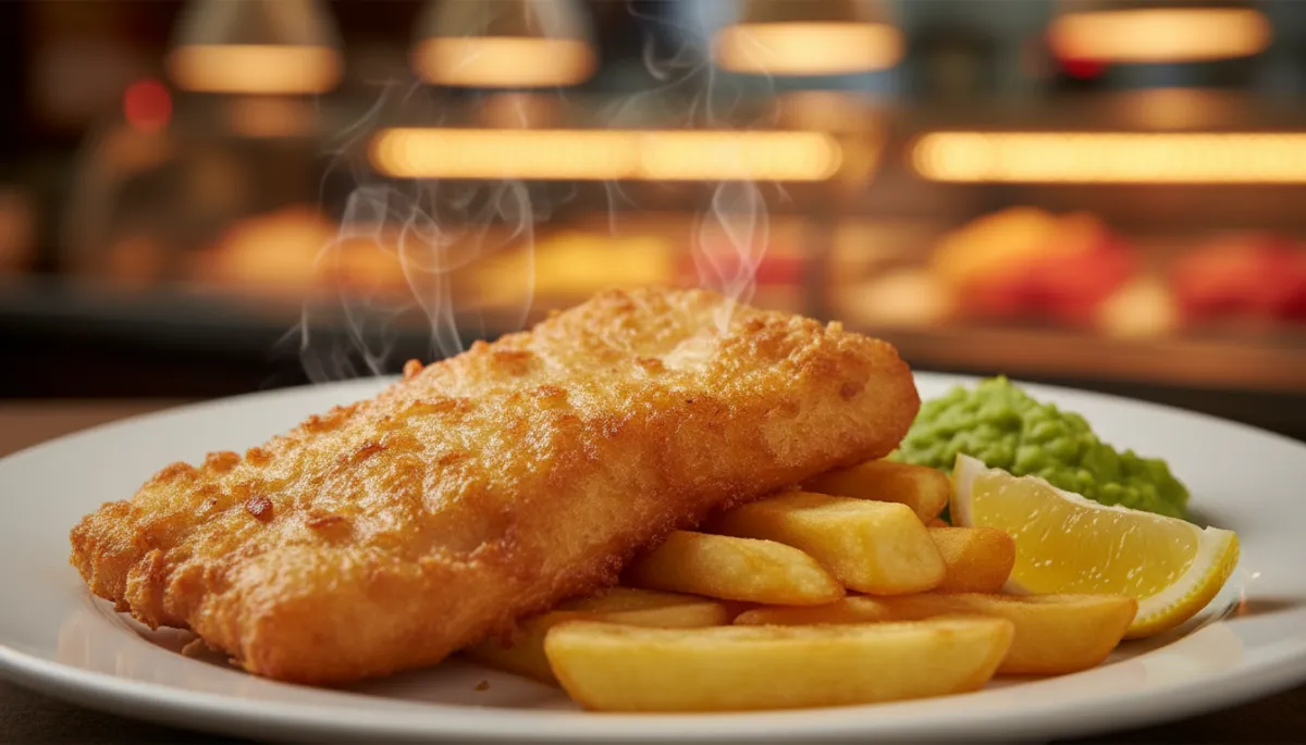 Warm photorealistic close-up of a golden crispy battered cod fillet on a white plate, chunky chips on the side, a wedge of lemon and mushy peas, gentle steam rising, cosy chip shop counter blurred in the background, warm lighting highlighting the crunchy texture of the batter