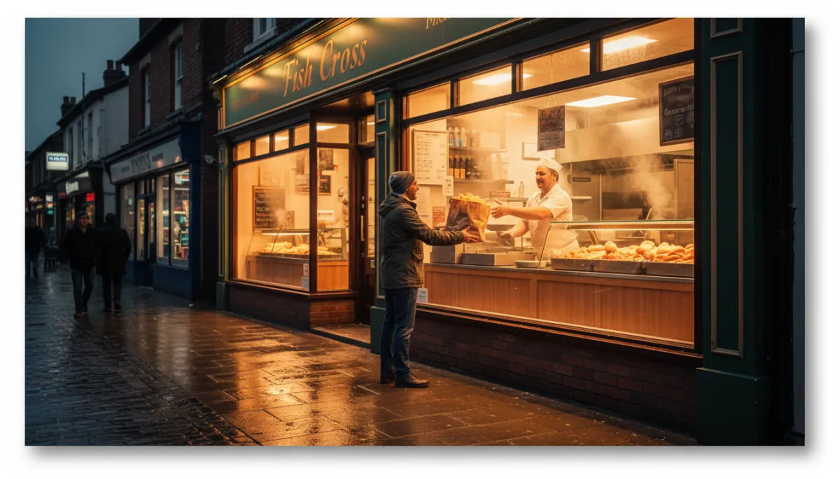 Warm photorealistic evening street scene outside a traditional British fish and chip shop in Stone Cross, West Bromwich, with a smiling customer collecting a paper bag of chippy takeaway at the counter, golden light from the shop windows and subtle steam rising from freshly cooked food
