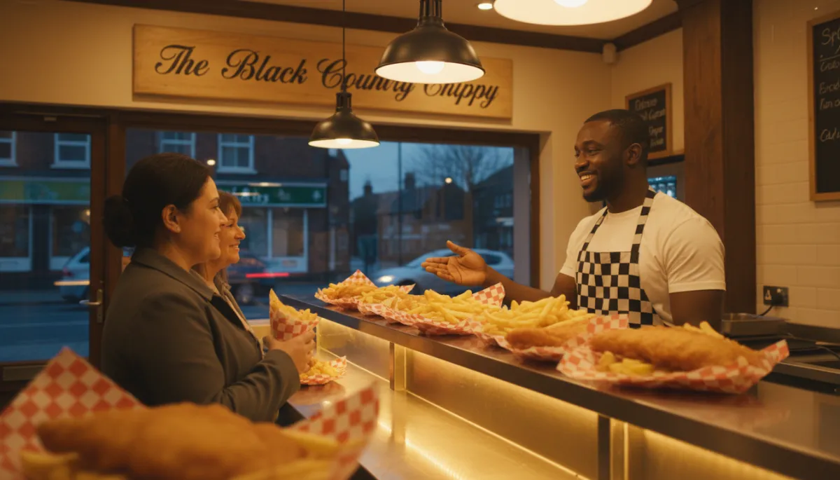 warm photorealistic scene of a friendly Black Country fish and chip shop counter at dusk, golden fish and chips in paper trays on the counter, smiling owner in apron chatting with a customer, subtle signage reading The Black Country Chippy, cosy interior lighting and hint of West Midlands street outside
