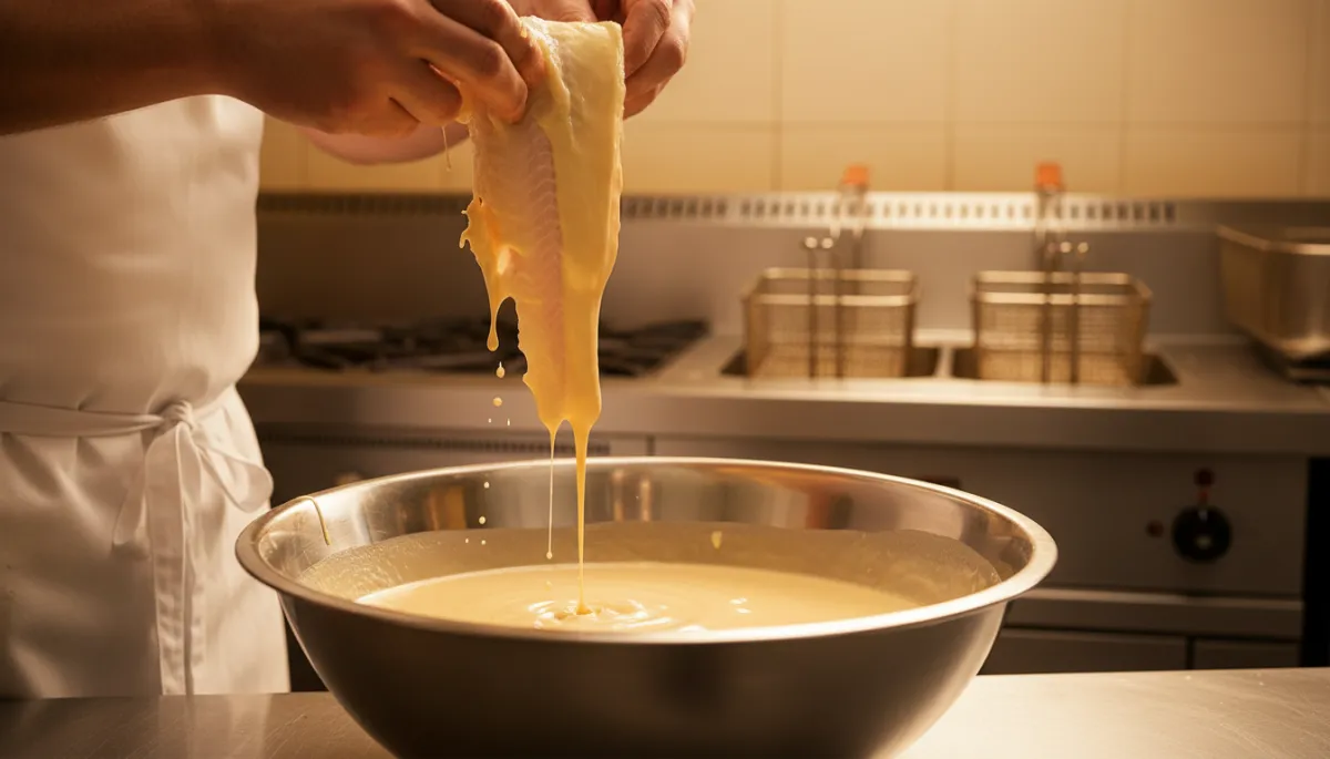 Warm photorealistic close-up inside a traditional British chip shop, cook in white apron dipping fresh white fish fillet into a bowl of smooth pale batter, stainless steel range and baskets in soft focus behind, warm golden lighting catching droplets of batter as it coats the fish