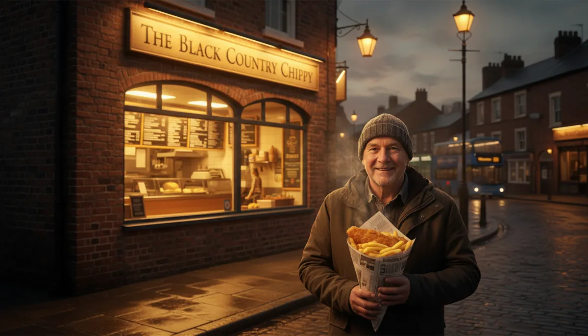 Warm photorealistic evening scene outside a traditional British chip shop in Stone Cross, West Bromwich, smiling local customer holding a steaming fish and chips wrapped in paper, soft golden street lighting, subtle sign reading The Black Country Chippy
