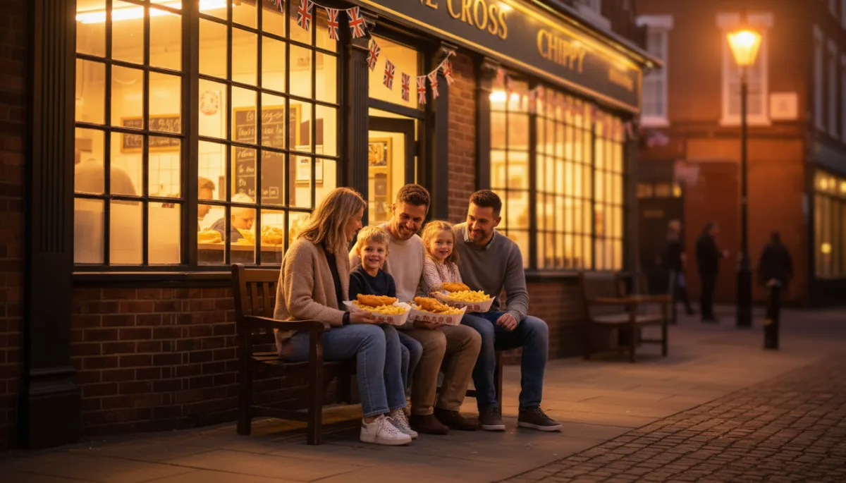 Warm photorealistic early evening scene outside a cosy traditional British fish and chip shop in Stone Cross, West Bromwich; smiling family of four in casual clothes sharing open trays of golden fish and chips on a bench, soft streetlights, warm glow from chippy windows, subtle Union Jack bunting above door