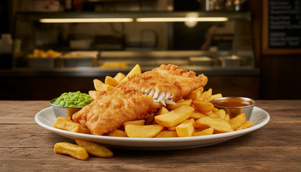 photorealistic close-up of a generous portion of golden battered fish and thick-cut chips spilling over a white plate on a wooden table, mushy peas and curry sauce on the side, warm lighting, subtle view of a traditional British chippy counter in the background
