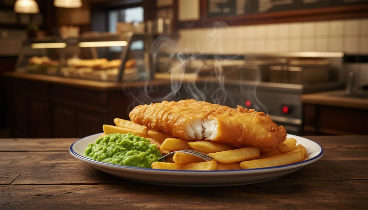 Warm photorealistic close-up of a classic British chip shop plate on a wooden counter, featuring golden battered fish, chunky battered chips, and a generous scoop of bright green mushy peas with steam rising, soft warm lighting, subtle view of a traditional Black Country chip shop interior in the background