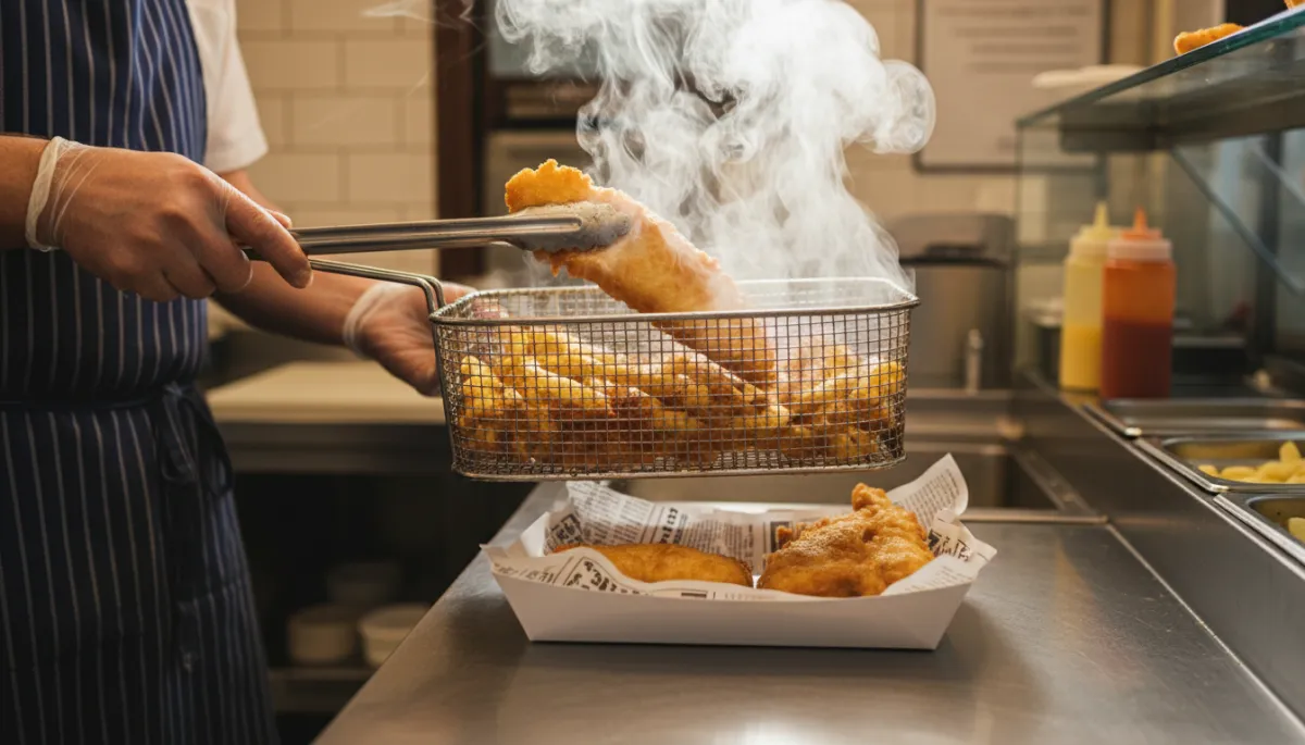 photorealistic close-up of golden battered fish and chips being lifted from a stainless steel fryer basket, steam rising, neutral warm lighting, server placing portion into paper-lined tray ready to be handed to a customer at a traditional British chip shop counter