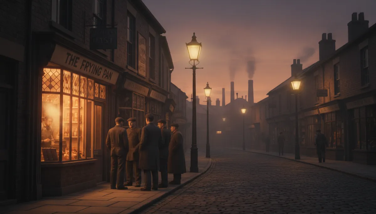 photorealistic warm-toned vintage Black Country high street at dusk, 1950s style shopfronts, people in work clothes queuing outside a small chip shop with glowing windows, cobbled pavement, soft streetlights and faint factory chimneys in background