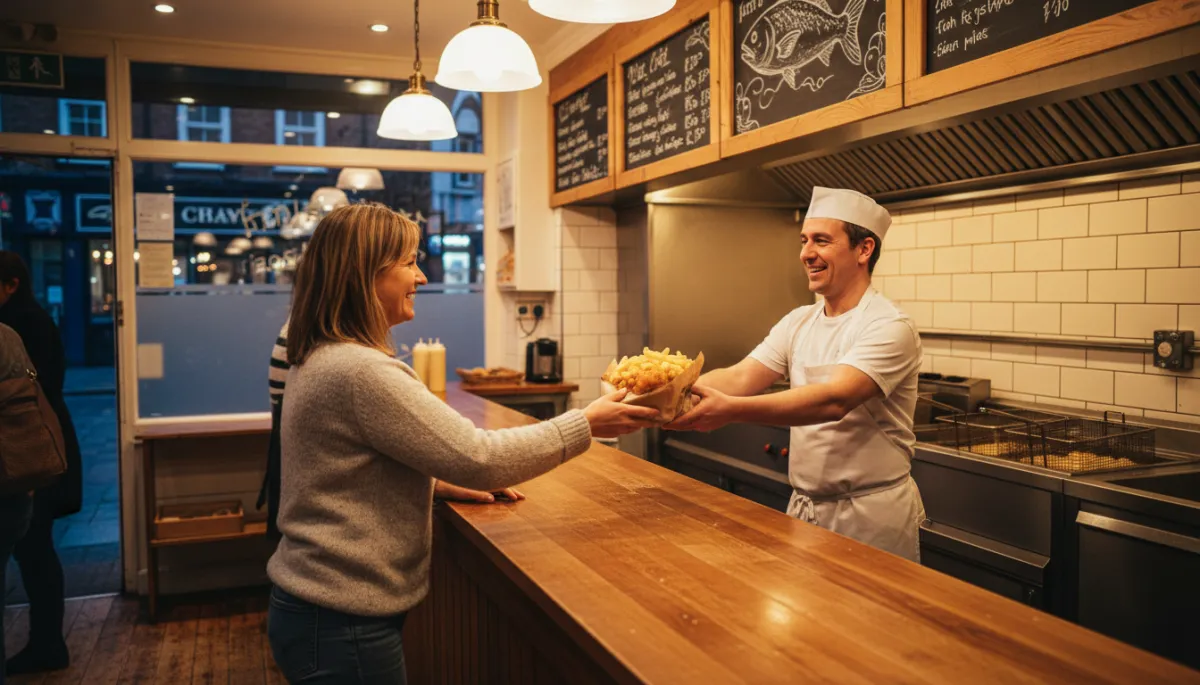 photorealistic warm-toned scene inside a traditional British chip shop, smiling customer receiving a wrapped fish and chips order across the counter from a friendly server, stainless-steel fryers and menu boards in the background, cosy evening lighting