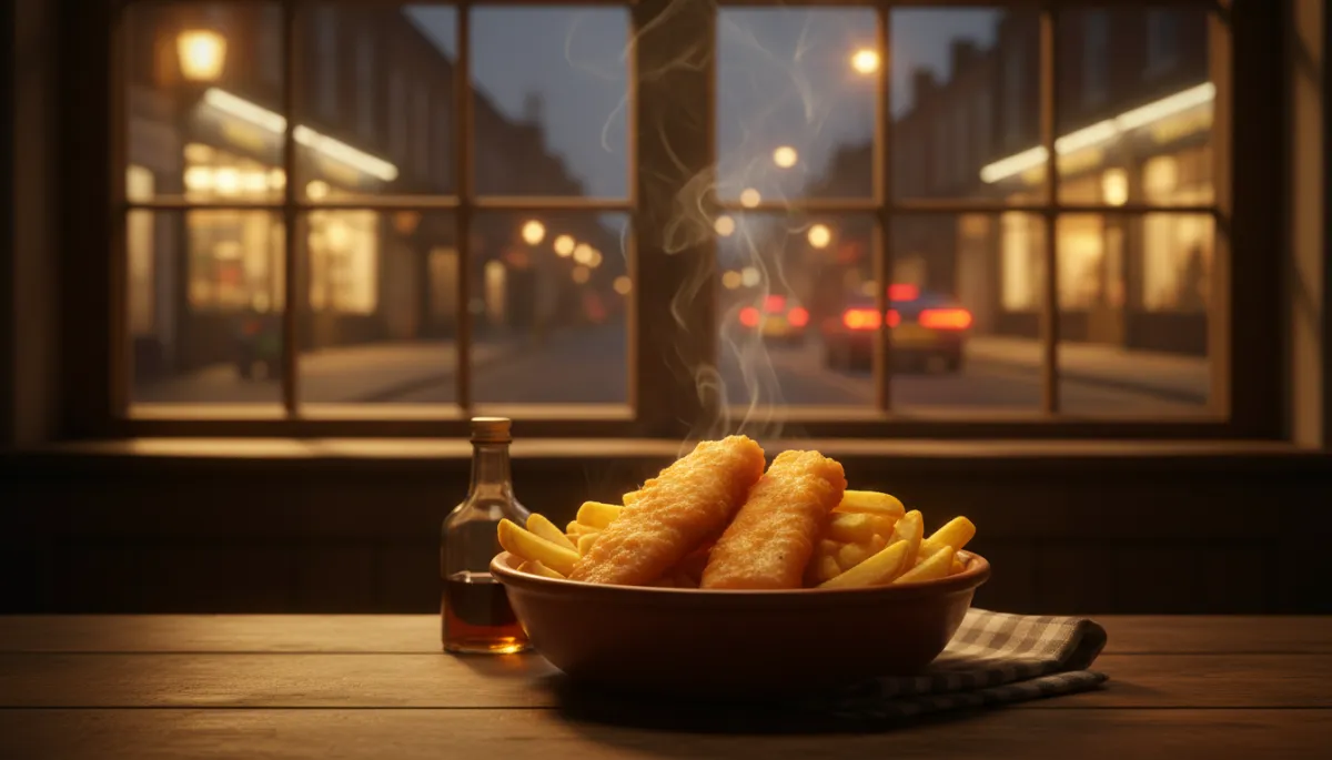 photorealistic warm cosy evening scene inside a traditional British fish and chip shop, golden battered fish and chunky chips in a bowl on a wooden table, gentle steam rising, soft warm lighting, blurred background of a Black Country high street through the window
