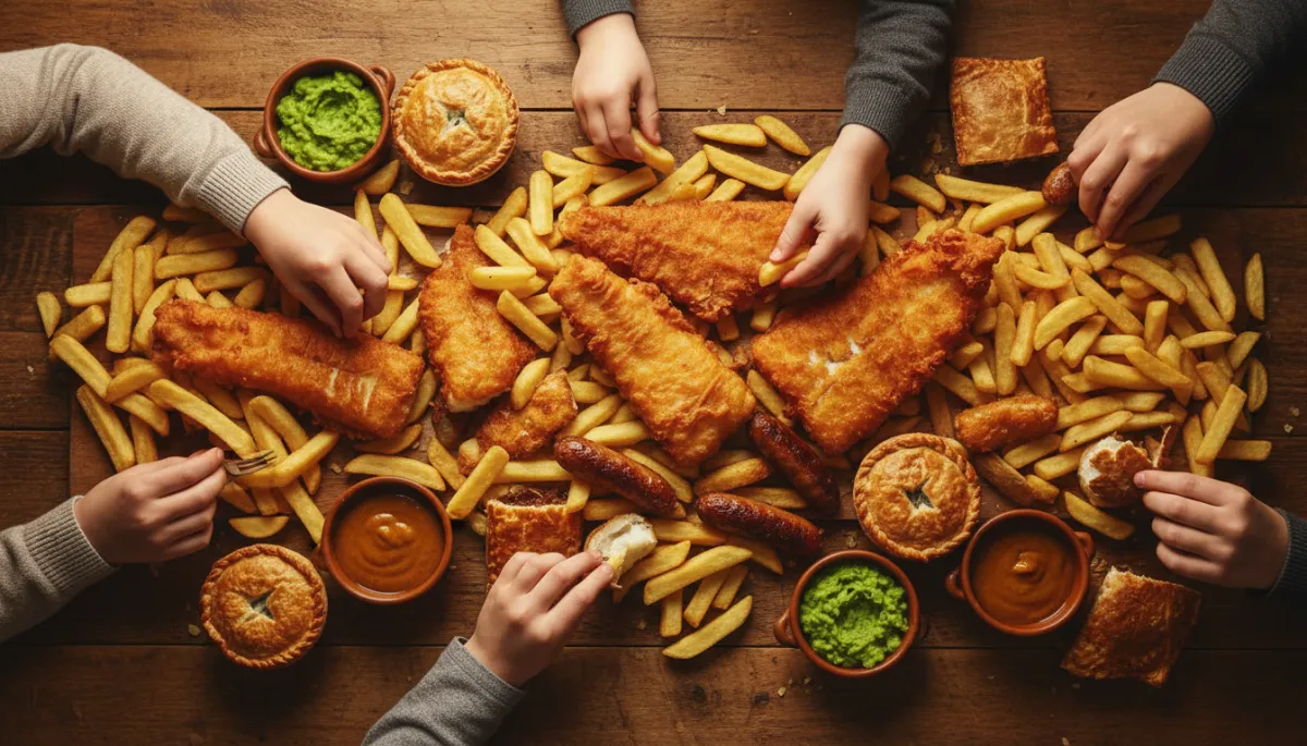 warm photorealistic overhead shot of a family-style fish and chip feast on a wooden table, golden battered fish, chunky chips, pies, sausages, mushy peas and curry sauce in pots, hands reaching in to share, cosy evening lighting