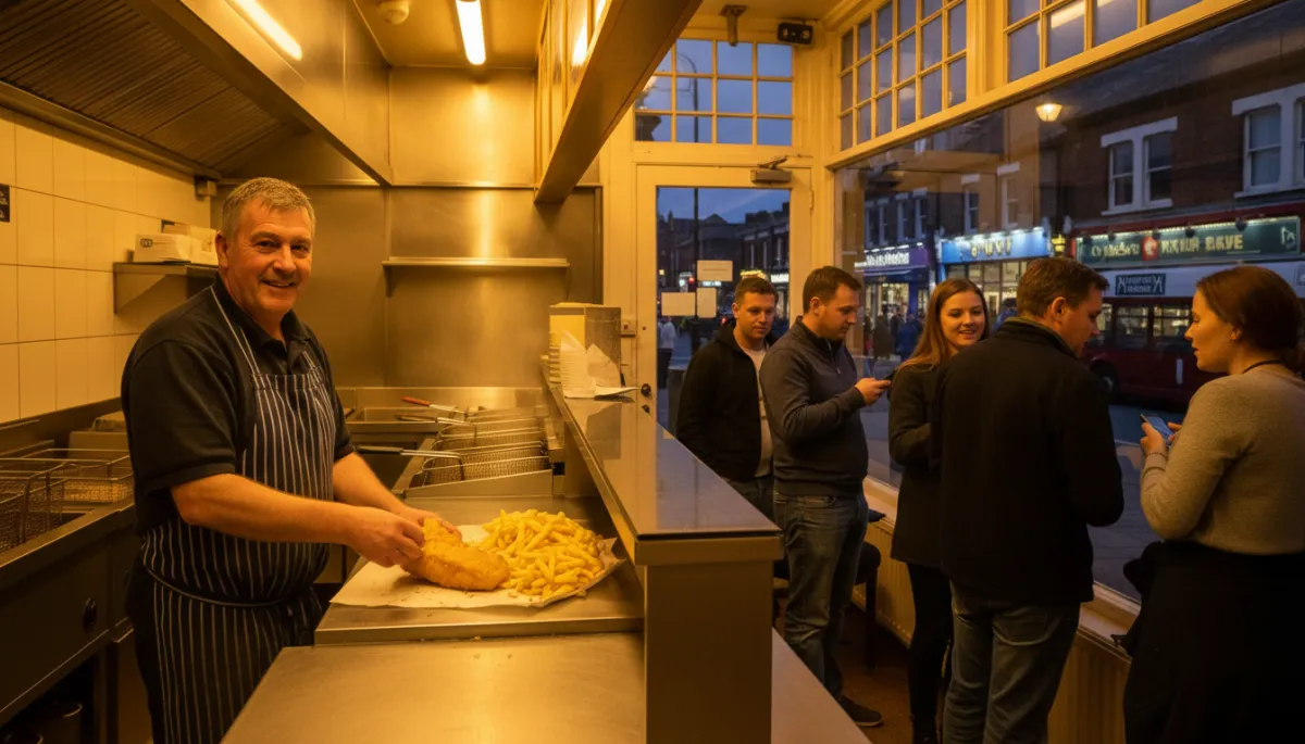 warm photorealistic evening scene inside a cosy British fish and chip shop, golden battered fish and steaming chips being wrapped in paper by a smiling owner behind the counter, soft warm lighting reflecting off stainless steel fryers, customers in casual clothes chatting while they wait, subtle view of a Black Country high street through the front window