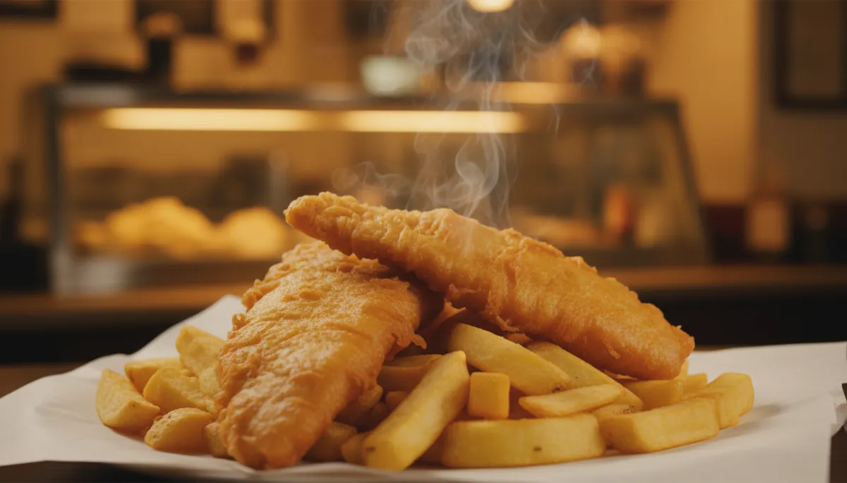 warm photorealistic close-up of a piled plate of golden battered chips and fish on white paper, slight steam rising, soft evening pub-style lighting, subtle background hint of a traditional Black Country chip shop counter