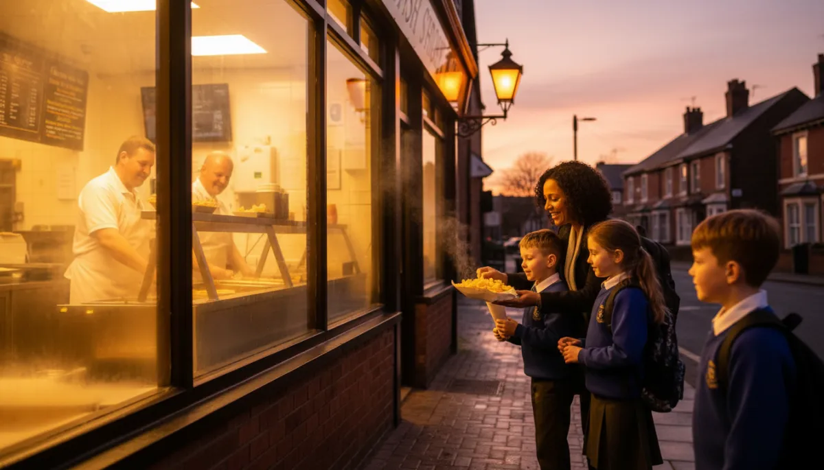 photorealistic warm evening scene outside a cosy fish and chip shop in Stone Cross West Bromwich, golden light from the shop windows, smiling parent with two school-age children in uniform sharing a portion of chips on the pavement, steam rising from the food, friendly staff visible inside behind the counter