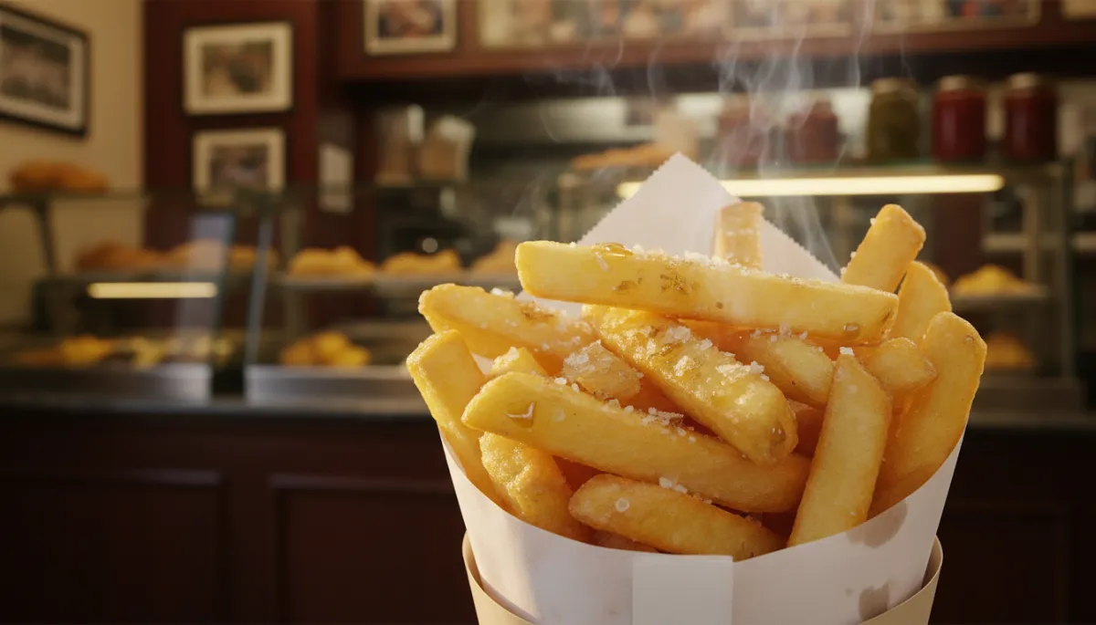 Warm photorealistic close-up of freshly cooked battered chips in white paper, glistening with salt and malt vinegar, gentle steam rising, soft evening light, counter of a cosy traditional fish and chips shop in West Bromwich in the background