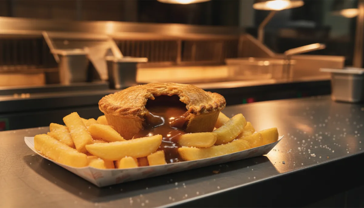 warm photorealistic close-up of golden meat pie cracked open with rich gravy oozing onto a tray of thick battered chips, salt and vinegar glistening, served in a paper tray on a stainless steel counter with warm shop lighting and faint view of chippy range in background