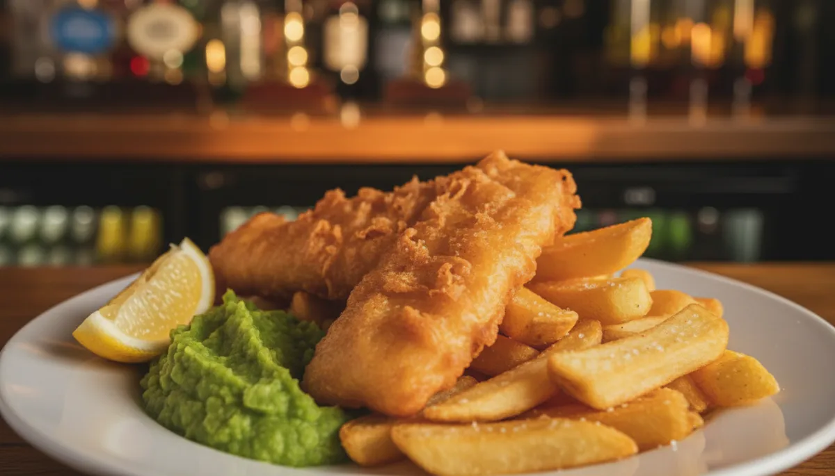 warm photorealistic close-up of golden crispy battered fish and chips on white plate with mushy peas and lemon wedge, soft evening pub-style lighting, subtle hint of takeaway counter in background