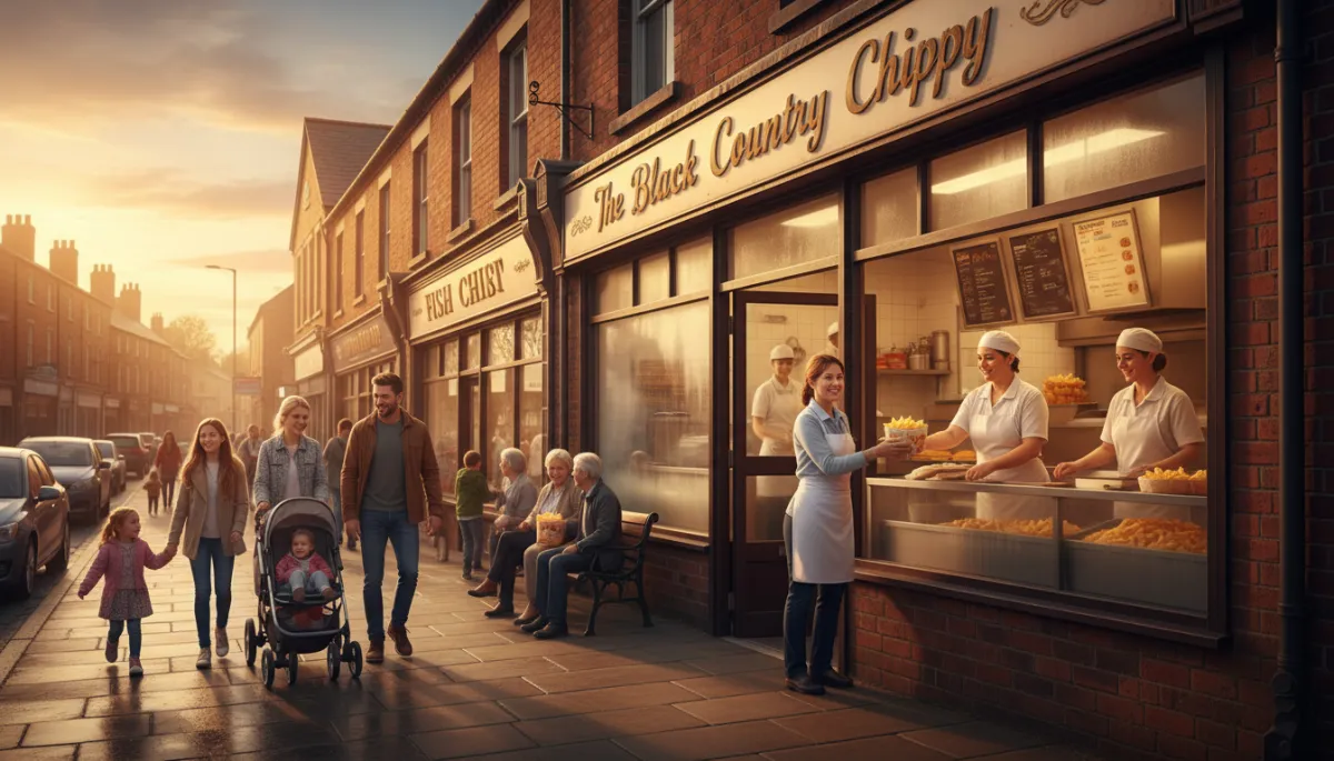 photorealistic warm early evening street scene outside a traditional British fish and chip shop in Stone Cross, West Bromwich, golden light reflecting off the shop windows, friendly staff serving customers through the hatch, families and locals chatting on the pavement, subtle signage reading The Black Country Chippy