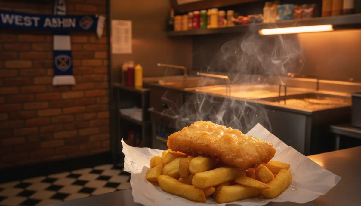 photorealistic, atmospheric warm evening inside a traditional British chip shop in Stone Cross, West Bromwich, golden battered fish and chips steaming in paper, soft amber lighting, a hint of vinegar mist rising, stainless steel fryers glowing in the background, subtle Black Country details like local football scarf on wall