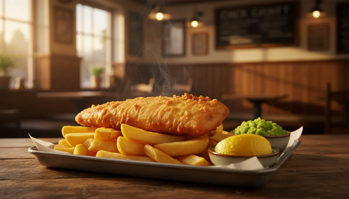 Warm photorealistic close-up of golden battered haddock fillet on a tray of chunky chips, steam rising, wedge of lemon and mushy peas on the side, soft evening light in a cosy Black Country chip shop interior