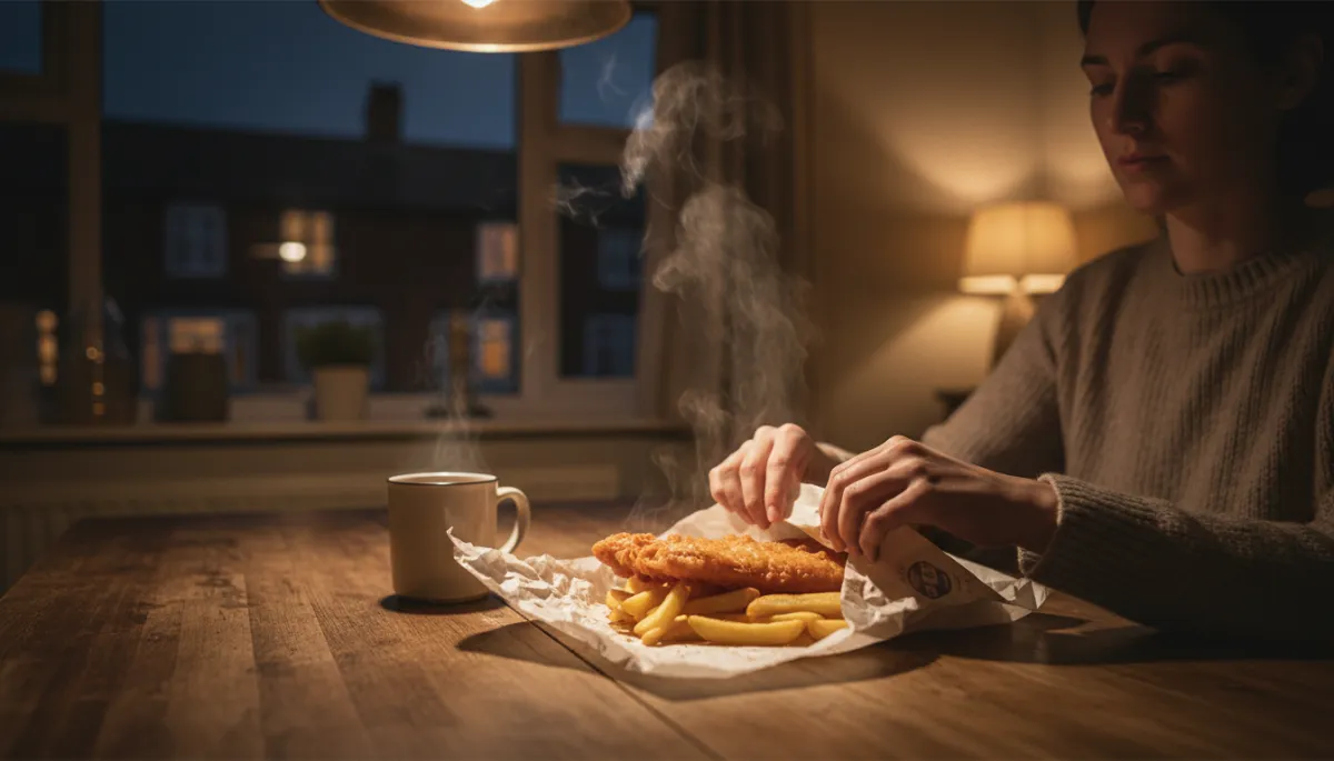 warm photorealistic lifestyle scene of a person sitting alone at a cosy kitchen table at night, unwrapping a steaming fish and chips takeaway from a local chippy, soft warm lighting, neutral tones, cup of tea nearby, West Bromwich terraced houses faintly visible through the window