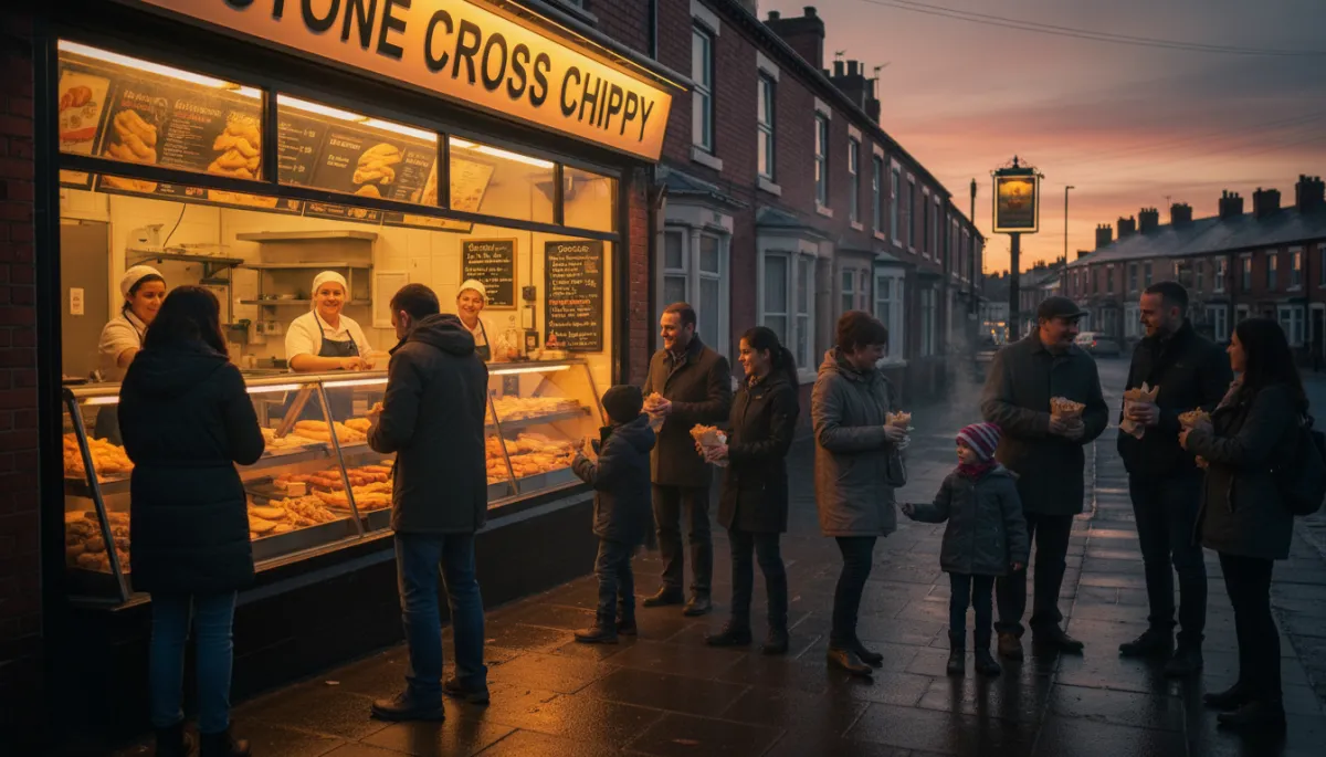 photorealistic early evening street scene outside a warm, welcoming chip shop in Stone Cross West Bromwich, golden light spilling from the windows, diverse local families and friends chatting while waiting for food, friendly staff visible behind the counter, subtle Black Country details like brick terraces and local signage