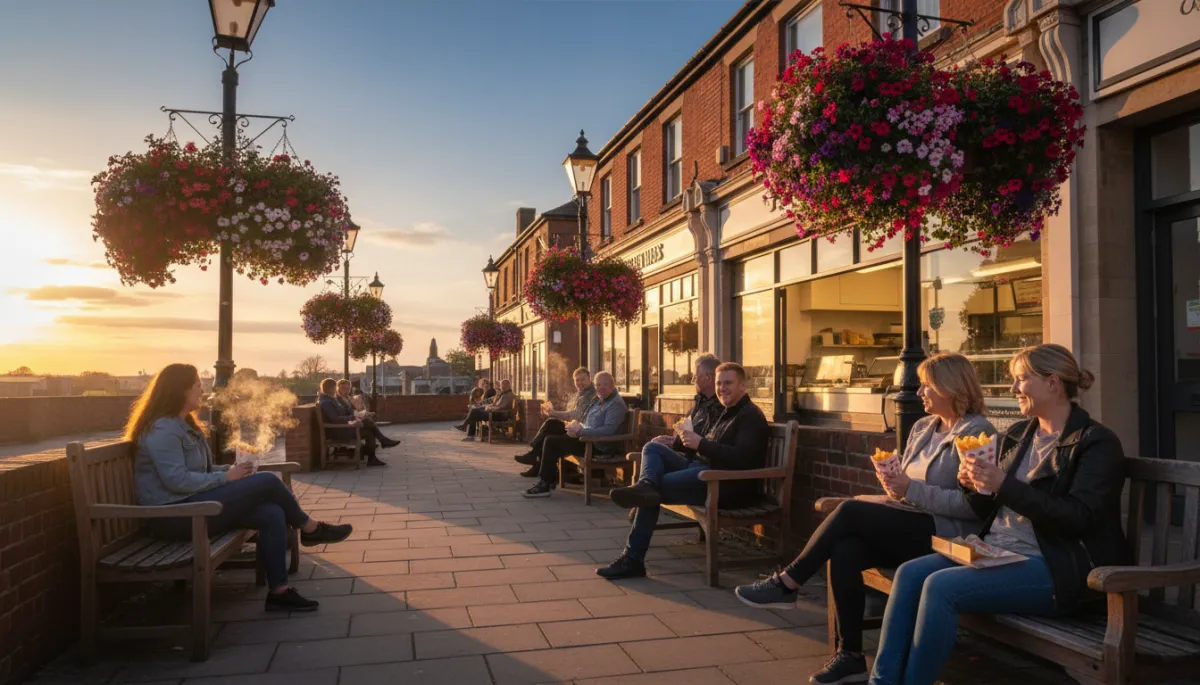 Photorealistic warm spring evening in Stone Cross, West Bromwich, people sitting on benches and low brick walls enjoying steaming fish and chips from paper, golden sunlight, hanging baskets, chippy storefront glowing invitingly, clear blue sky turning orange at sunset