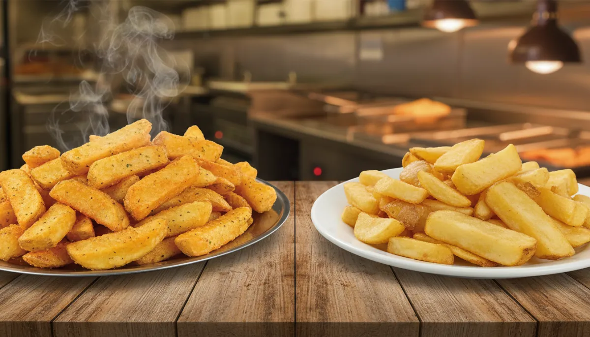 photorealistic side-by-side comparison on a rustic wooden counter; on one side a piled tray of perfectly Golden Battered Chips from a chippy, crisp and steaming, on the other side a plate of uneven, slightly pale homemade chips; neutral warm lighting, subtle background blur of a traditional Black Country chip shop interior