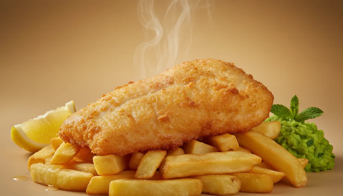 photorealistic close-up of golden battered cod fillet resting on a bed of chunky chips, light steam rising, neutral background with a wedge of lemon and mushy peas on the side, warm inviting lighting