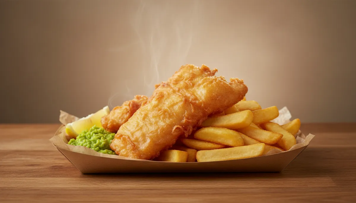photorealistic close-up of freshly battered cod and golden chips served in a paper tray on a wooden counter, slice of lemon and mushy peas on the side, warm neutral tones, gentle natural lighting, light steam rising from the food