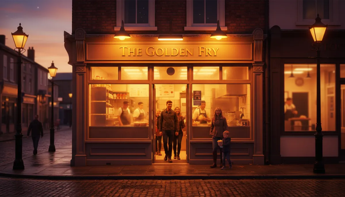 warm evening street scene in Stone Cross West Bromwich showing a welcoming traditional British chip shop exterior with glowing signage people smiling as they walk in and out and soft warm lighting inside photorealistic