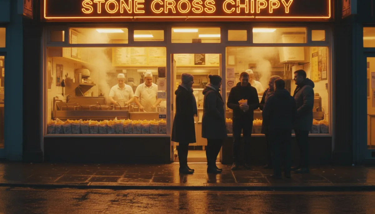Photorealistic warm evening scene of a cosy chip shop in Stone Cross, West Bromwich, glowing shopfront lights reflecting on wet pavement, a small queue of people in coats laughing and chatting, inside you can see steam rising from fryers and staff wrapping chips in paper