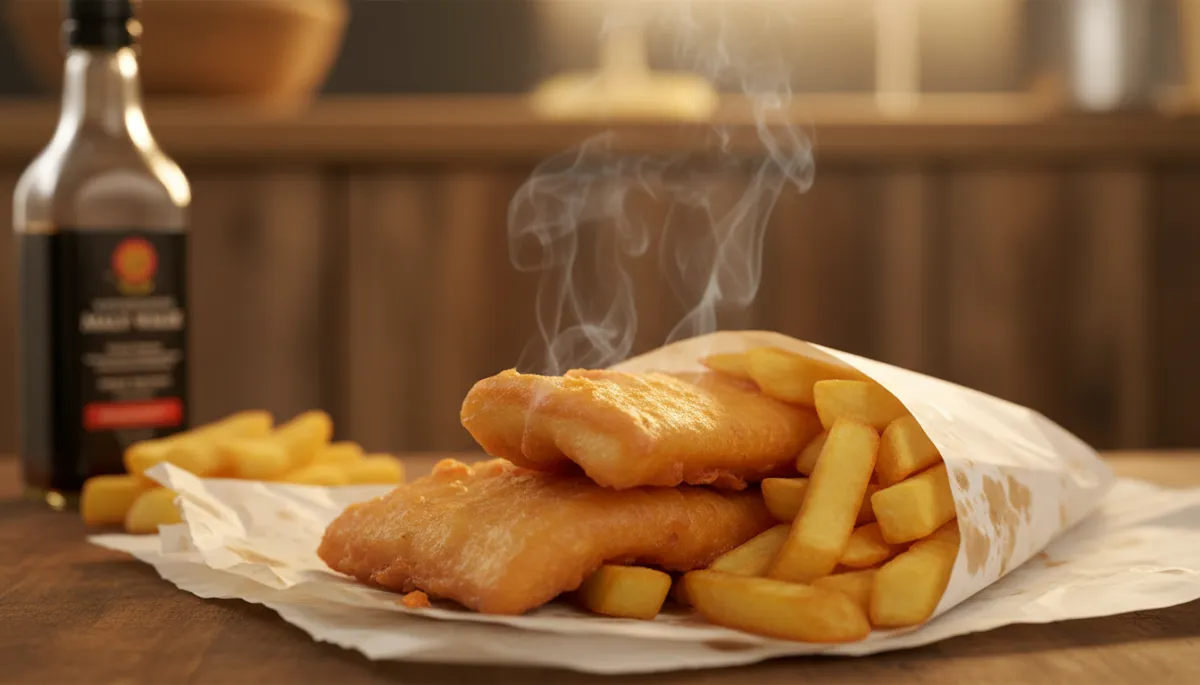 photorealistic close-up of golden battered fish and chips wrapped in slightly crinkled white paper, gentle steam rising, warm ambient lighting, hint of malt vinegar bottle in background, subtle Black Country chippy counter behind soft-focused