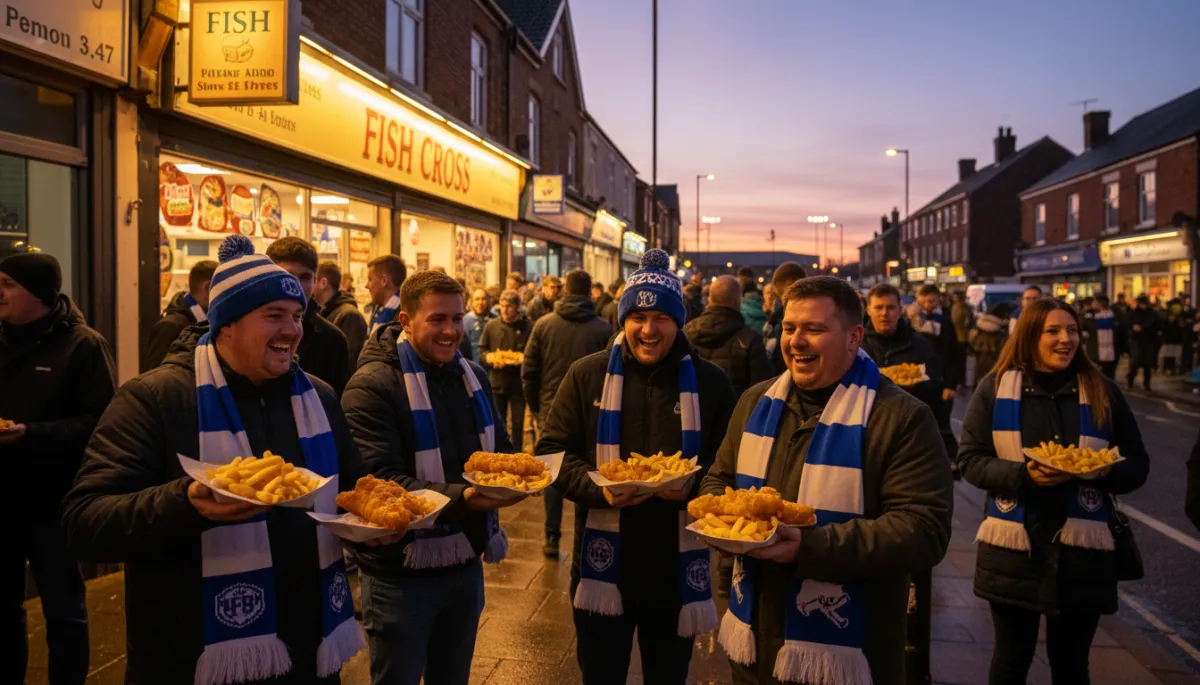 photorealistic warm-toned early evening street in Stone Cross West Bromwich, bustling local chippy with golden fish and chips in paper trays, fans in scarves and hats laughing and chatting before a football match, soft glow from shop windows and a hint of stadium lights in the distance