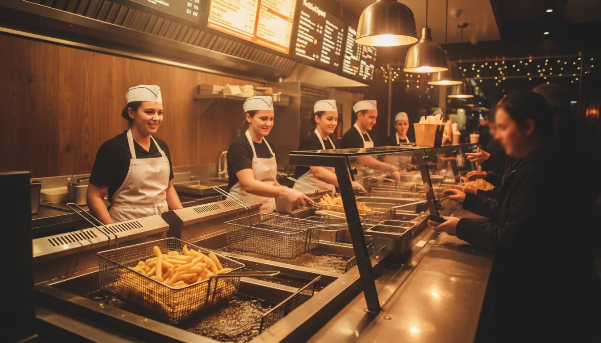 photorealistic warm-toned view from behind the chip shop counter at The Black Country Chippy, stainless steel fryers bubbling, golden chips draining, friendly staff serving customers, warm interior lighting, menu boards glowing softly