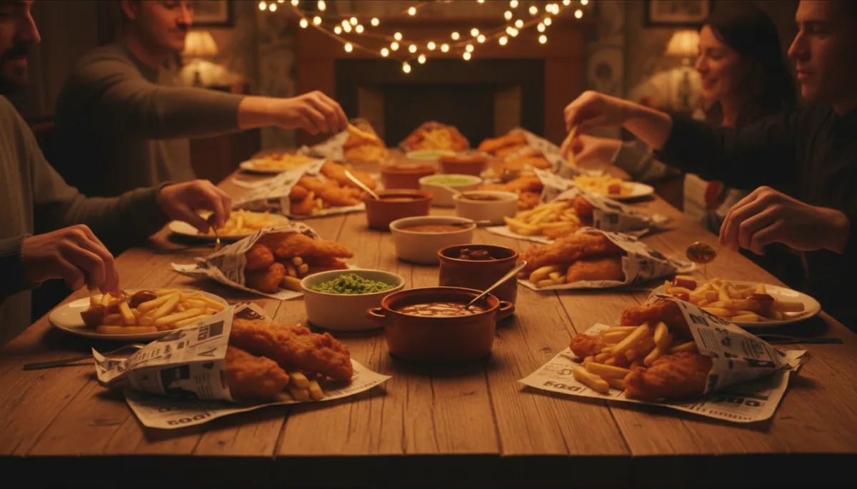 photorealistic warm scene of a long wooden table laid for a celebration, piled high with paper-wrapped fish and chips, curry sauce pots and mushy peas, fairy lights overhead, people’s hands reaching in to share food, cosy evening glow in a British home