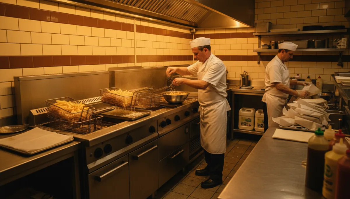 photorealistic warm-toned scene inside a busy chip shop kitchen in the evening, stainless steel ranges glowing, baskets of chips draining, cook in apron and cap seasoning fresh chips while another wraps orders in paper, soft steam rising and warm light reflecting off tiled walls