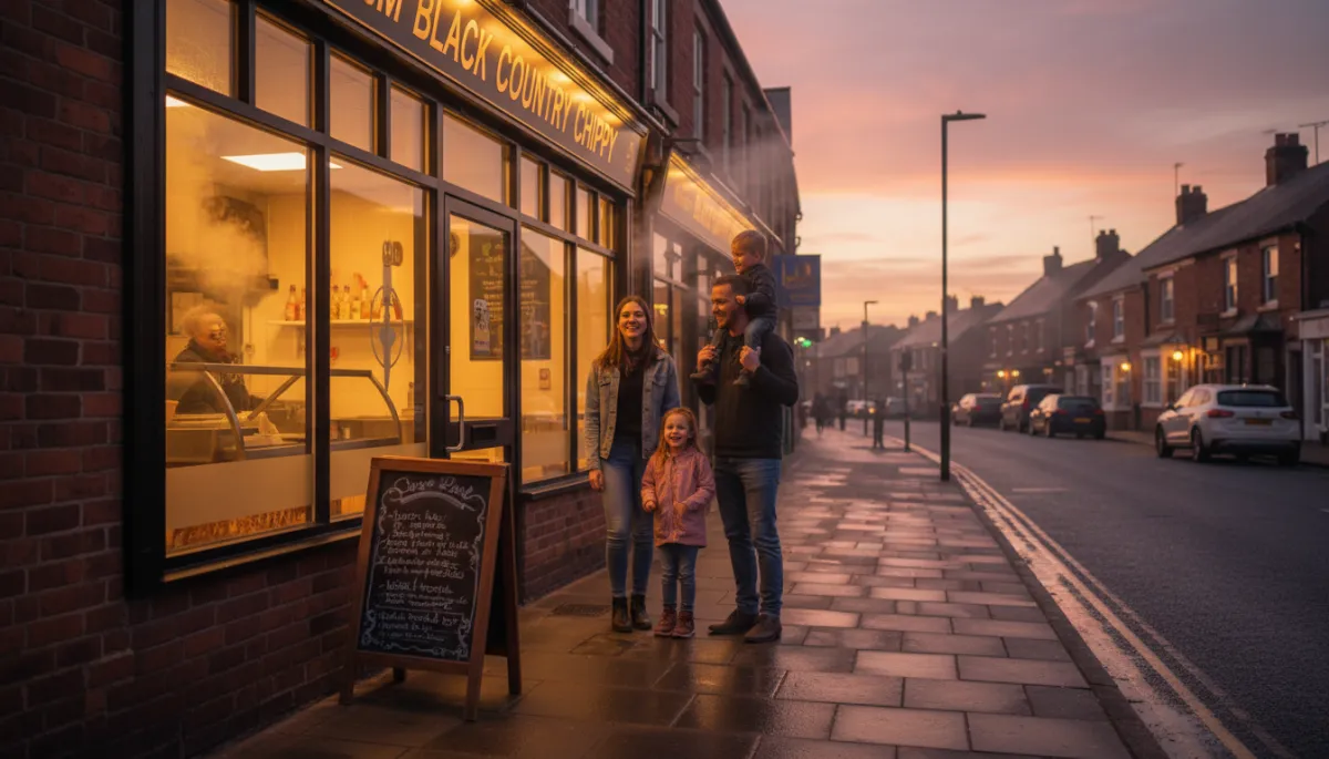 photorealistic warm evening street scene of The Black Country Chippy in Stone Cross, West Bromwich, golden light glowing from the shop windows, handwritten specials board outside, a couple and a family waiting happily for their fish and chips, cosy Black Country neighbourhood feel