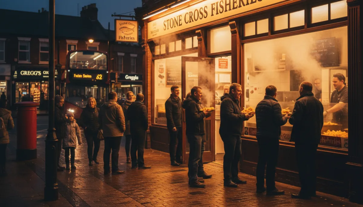 Warm photorealistic Friday evening scene outside a busy British fish and chip shop in Stone Cross, West Bromwich, golden light from the shop windows, people in a cheerful queue chatting, steam rising from freshly fried fish and chips served in paper trays, subtle Black Country street details