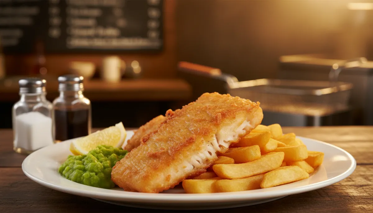 warm photorealistic close-up of golden battered fish and chunky chips on a classic white plate, mushy peas and lemon wedge on the side, salt and vinegar in the background, cosy chip shop counter slightly blurred behind