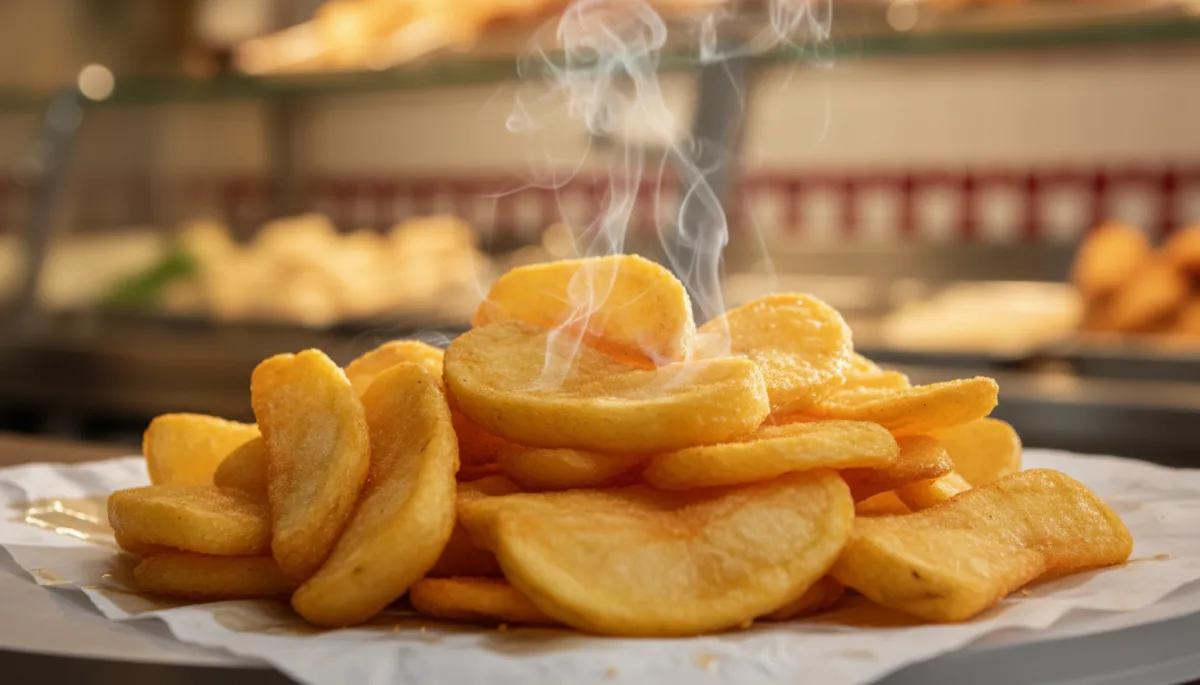 photorealistic close-up of a piled portion of perfect golden chips on white paper, steam rising, warm lighting, slight glisten of oil, soft-focus background of a traditional British chippy counter